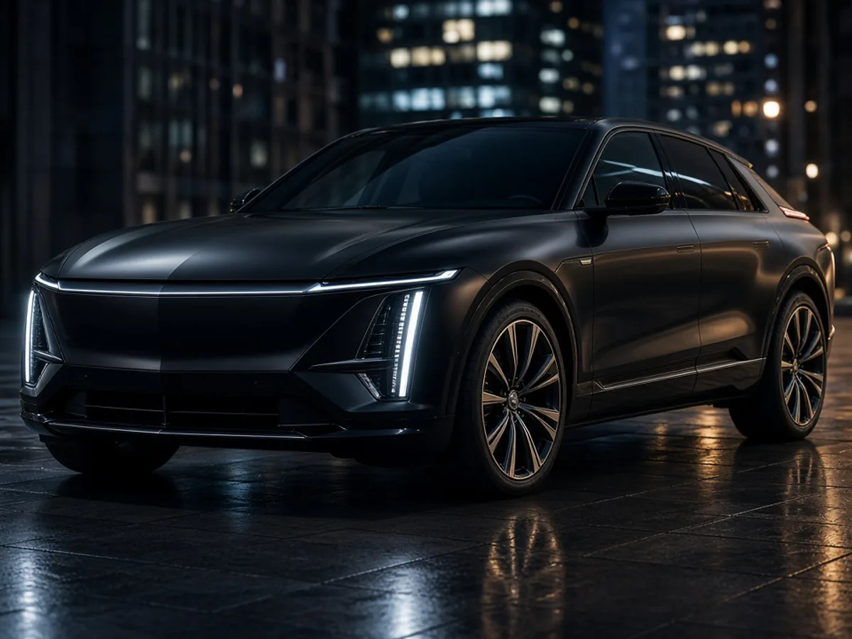 Black premium electric luxury SUV with LED light bar on a wet downtown plaza at night