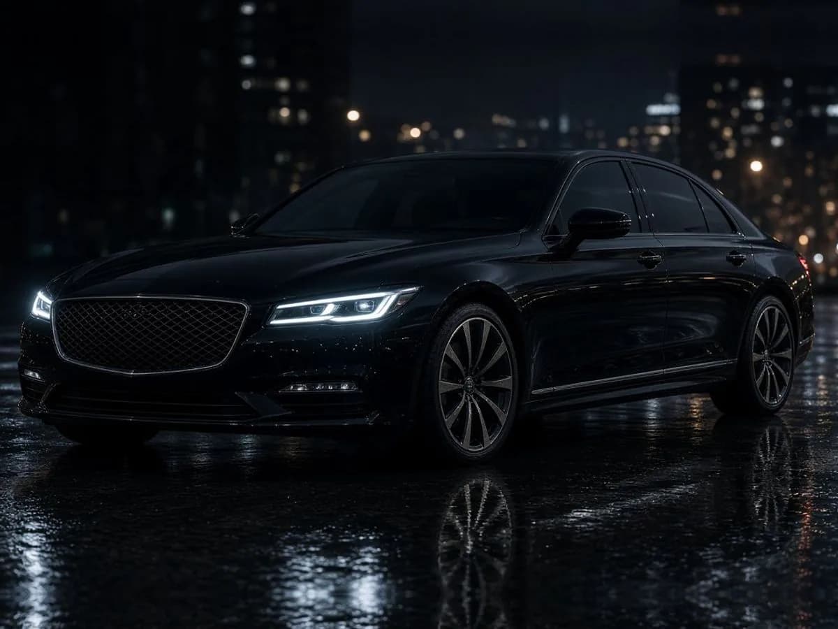 Black executive sedan for chauffeured car service, parked on a wet city street at night