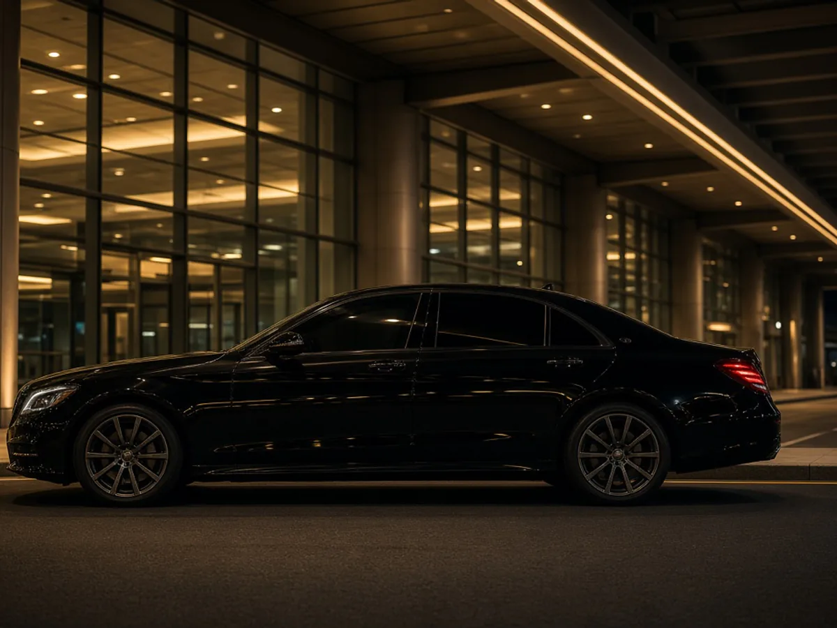 Black long-wheelbase first-class sedan waiting under a hotel canopy at night