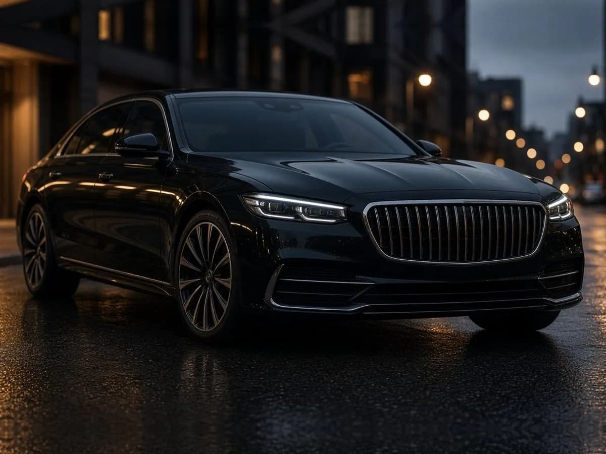 Black first-class luxury sedan in the S-Class style, front view outside a city high-rise at night