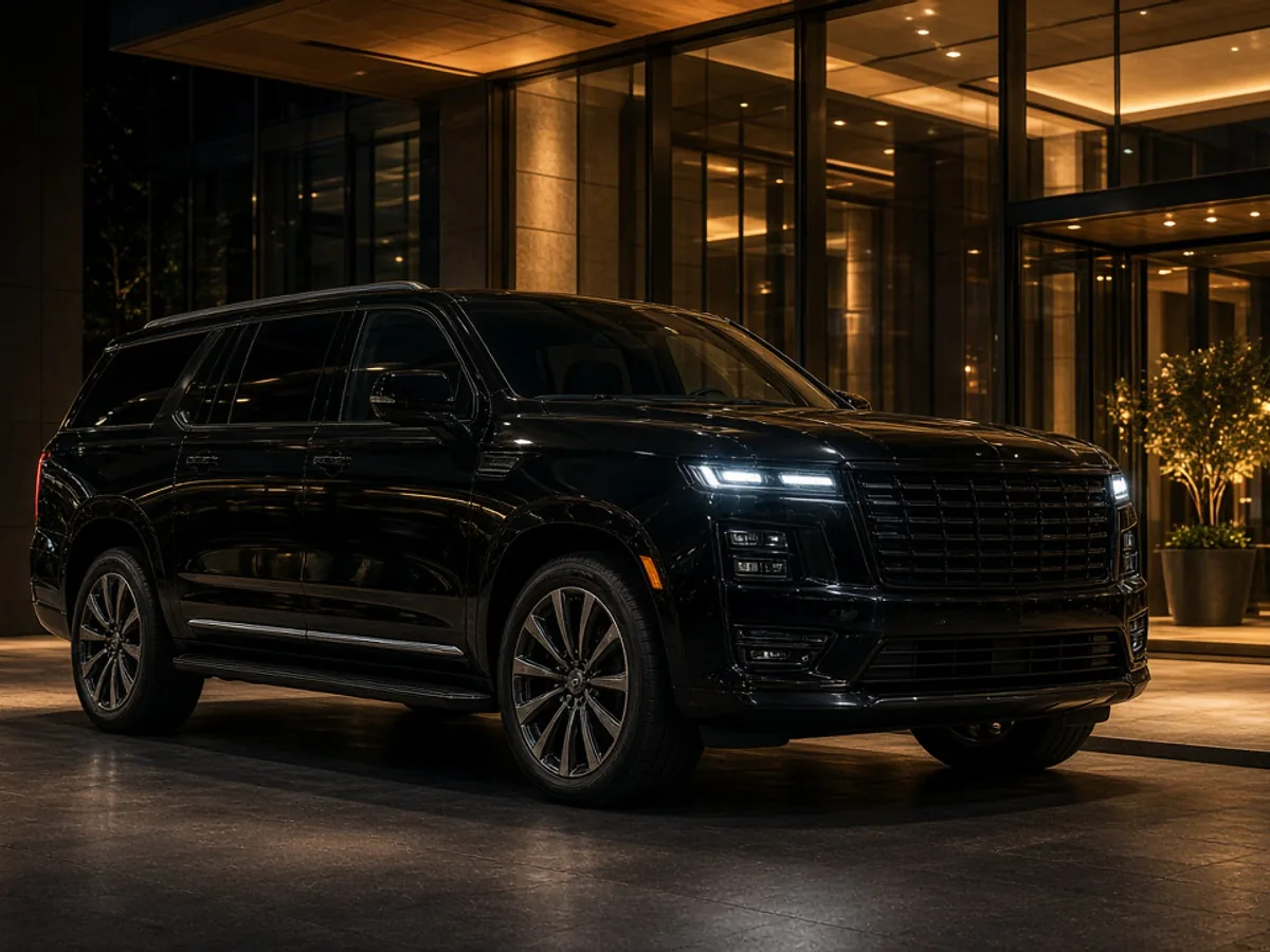 Black extended luxury SUV waiting at a hotel entrance at night