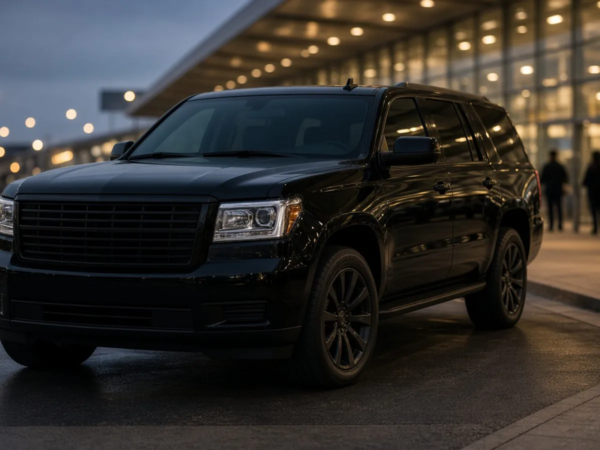 Black full-size SUV for airport transfers at a terminal curb at night