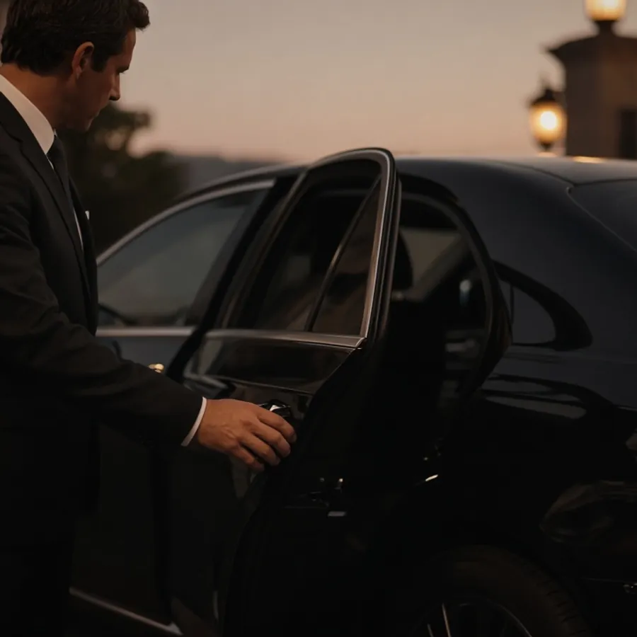 Professional chauffeur in a suit opening the door of a black luxury sedan