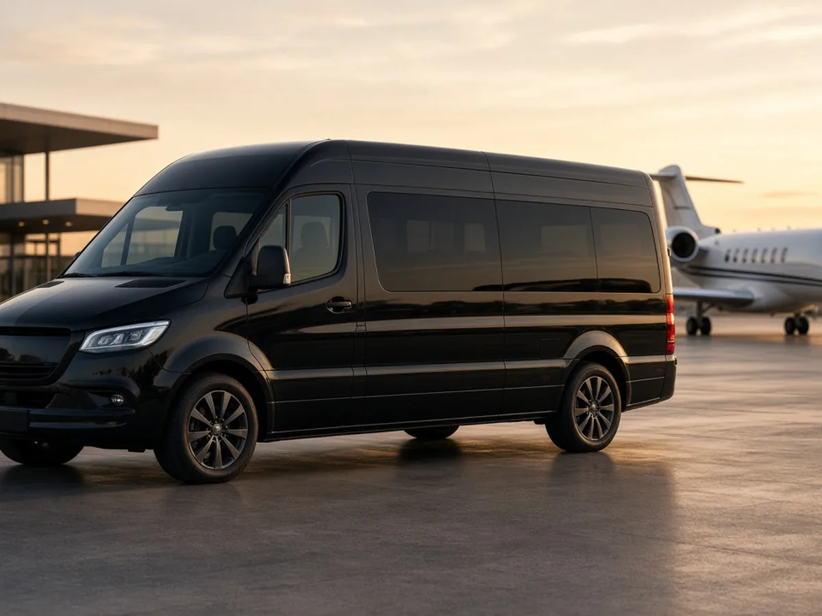Black executive Sprinter-style passenger van beside a private jet at sunset
