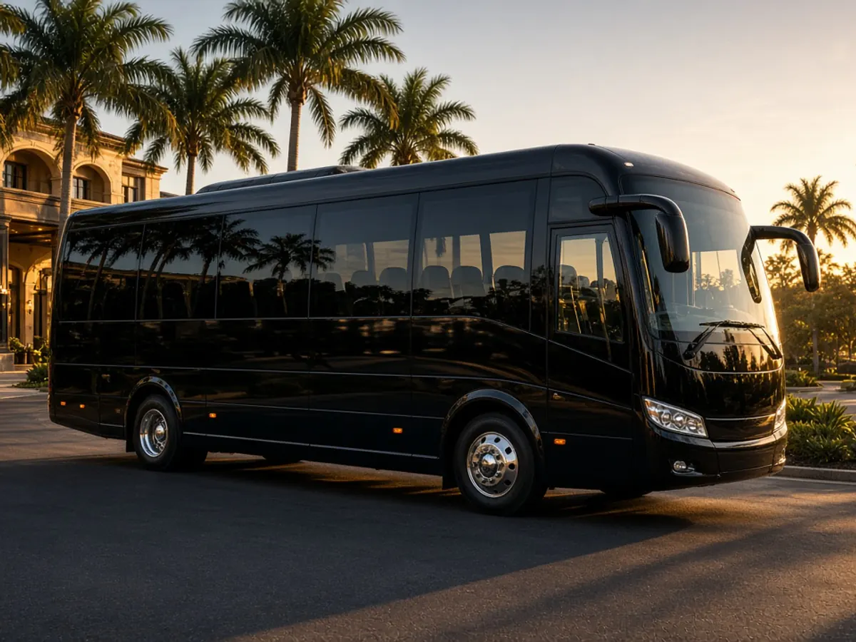 Black executive minicoach for group transportation outside a resort at sunset