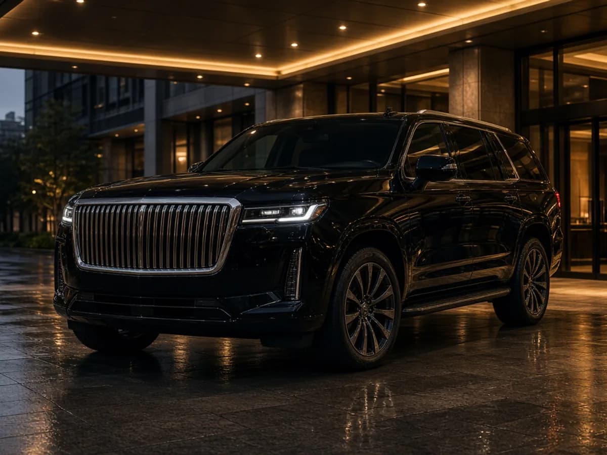 Black full-size luxury SUV with chrome grille under a hotel porte-cochere at dusk