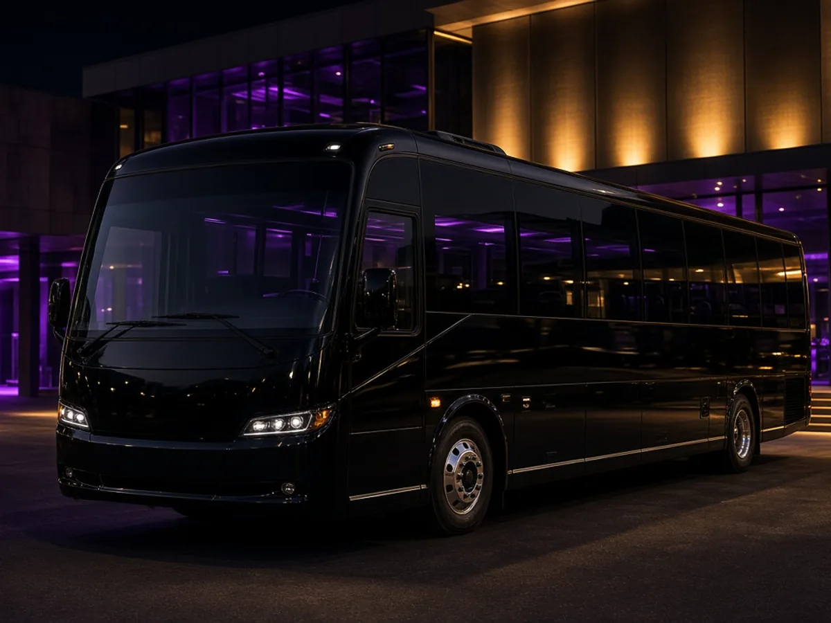 Black party bus with purple LED-lit windows outside a venue at night