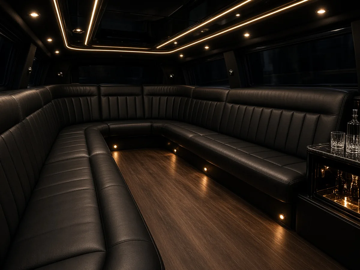 Sprinter limo interior with wraparound leather seating and ambient LED lighting