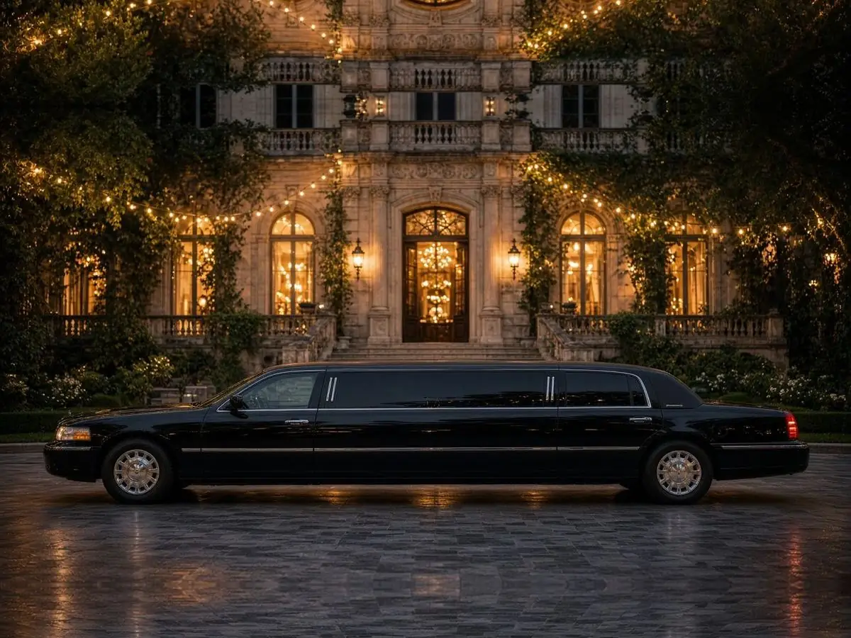 Black stretch limousine parked outside a lit wedding and event venue at dusk