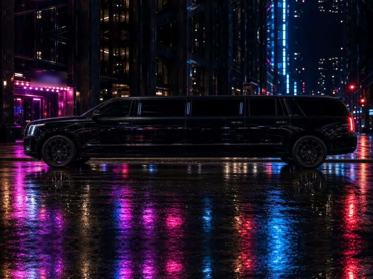 Black SUV stretch limousine on a neon-lit wet city street at night